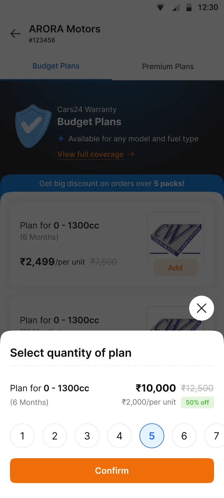 Five units selected. Total, unit price and 50% saving update together.