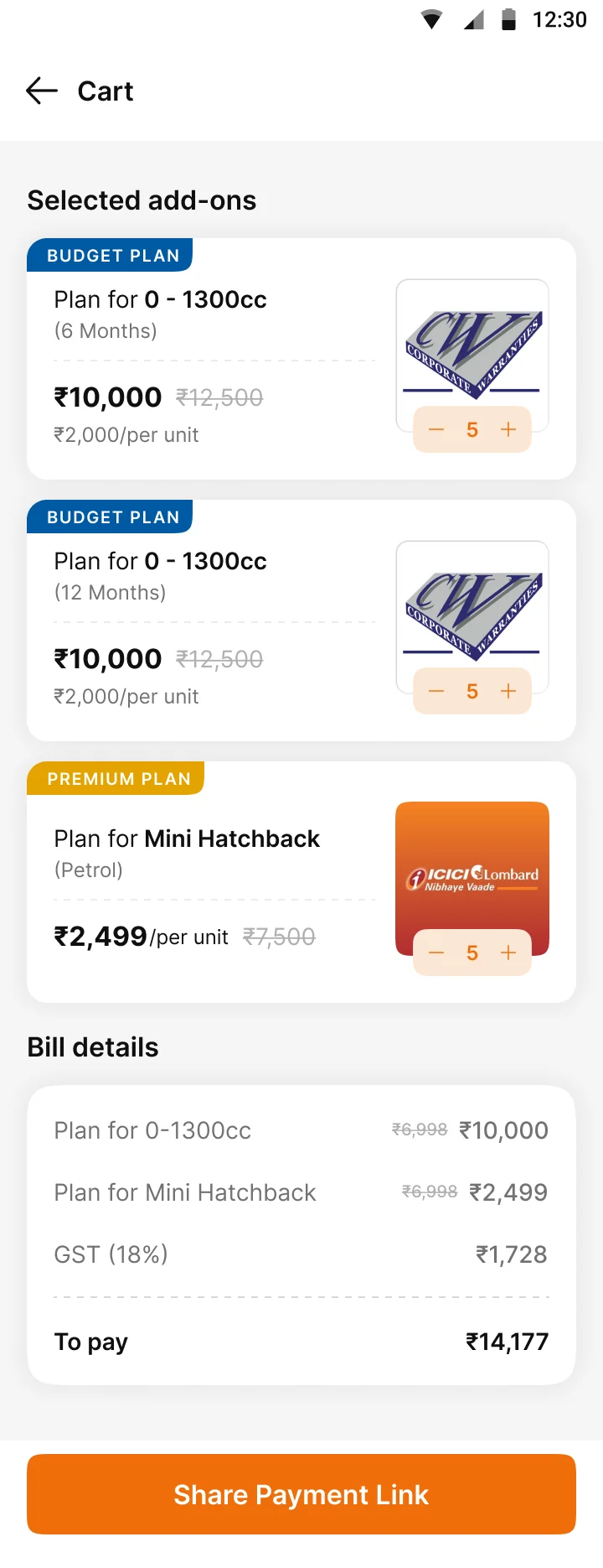 Cart. Selected add-ons, bill details and GST in one view.