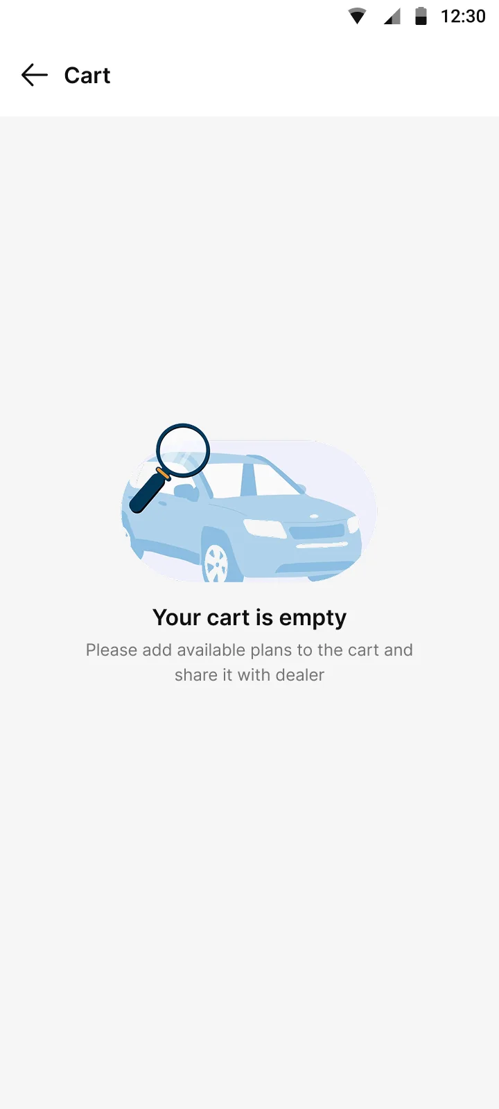 Empty cart. A prompt to add plans when nothing is selected.