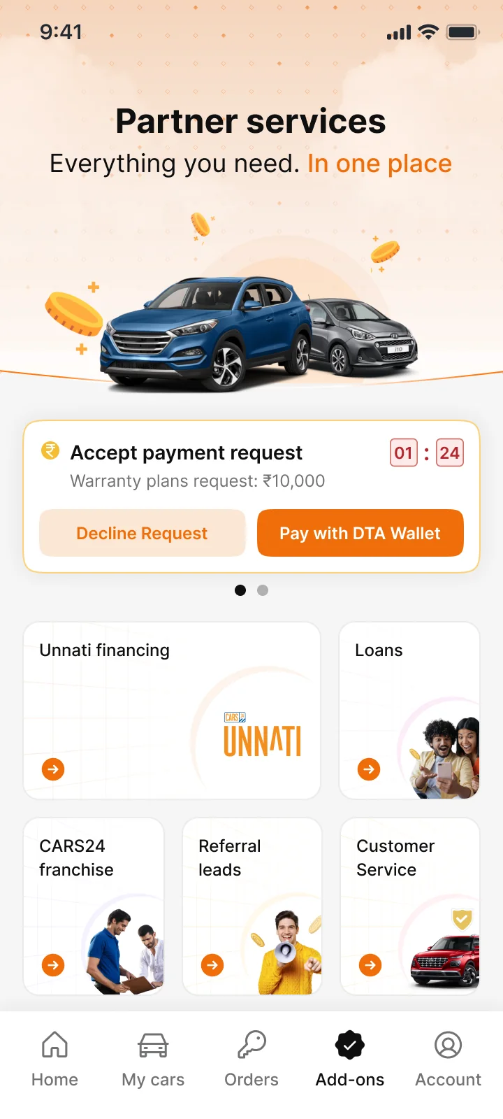 Payment request card. Accept or decline from the Add-ons home.