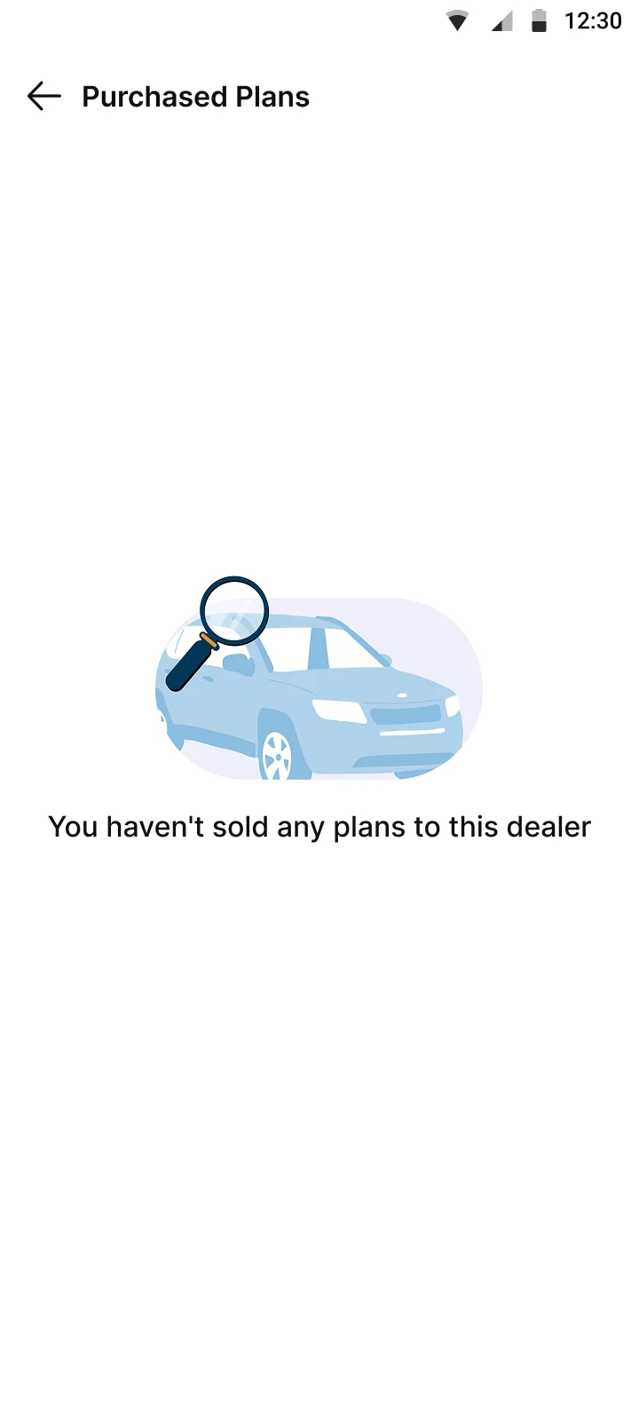 Nothing sold yet. The empty state for a dealership with no purchased plans.