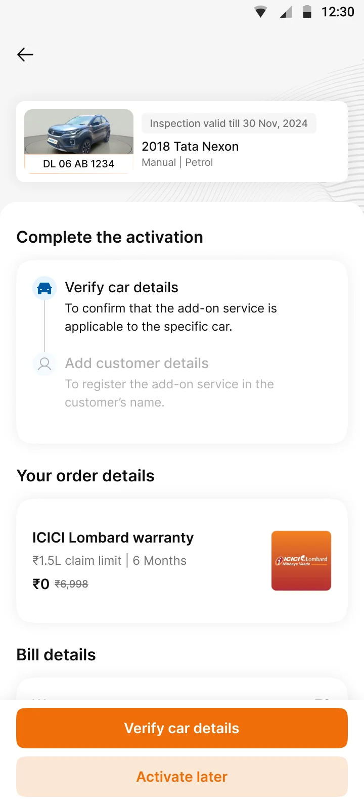 Checklist. Verify car details, then add customer details.
