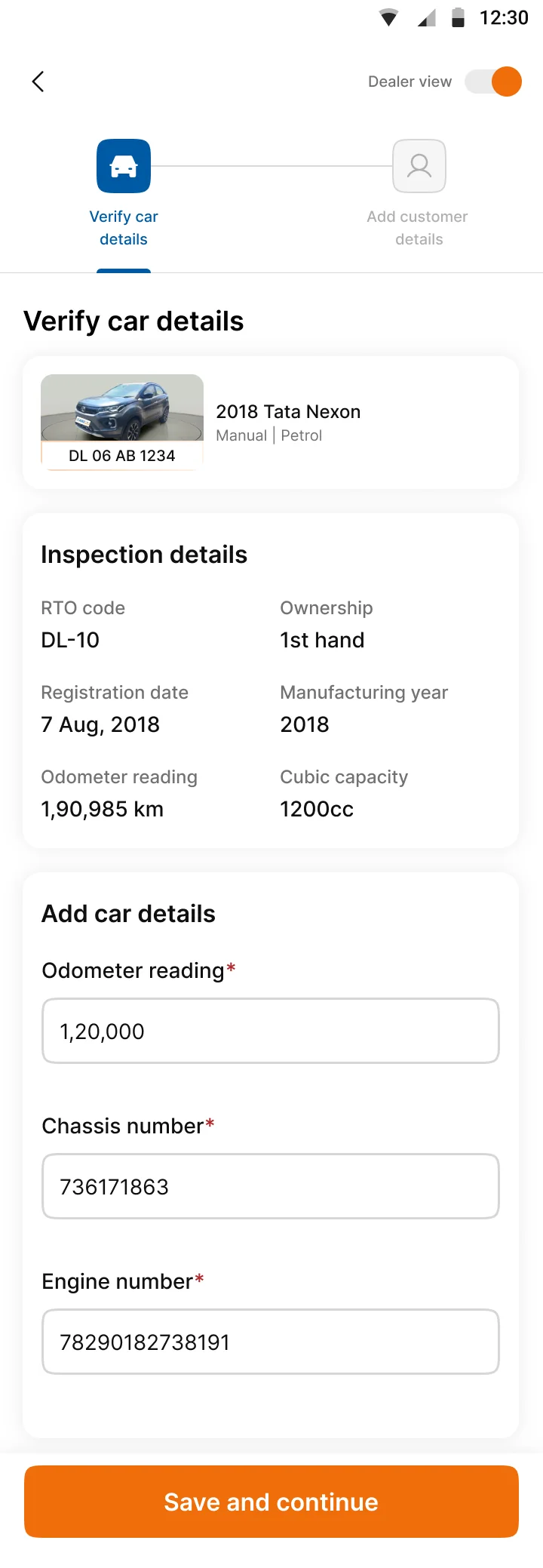 Verify car details. Inspection data is read in; odometer and chassis are added.