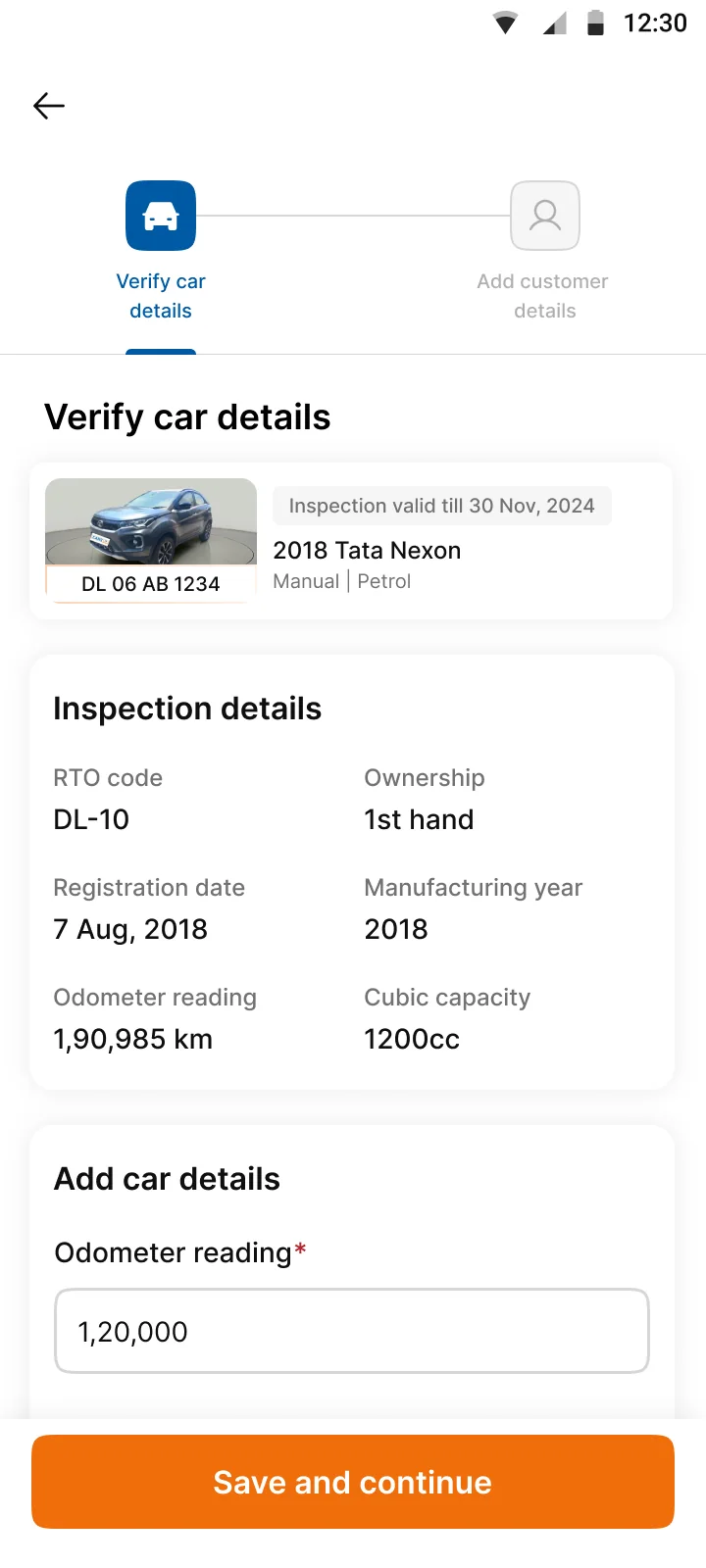 Car details saved. Save and continue moves to the next step.