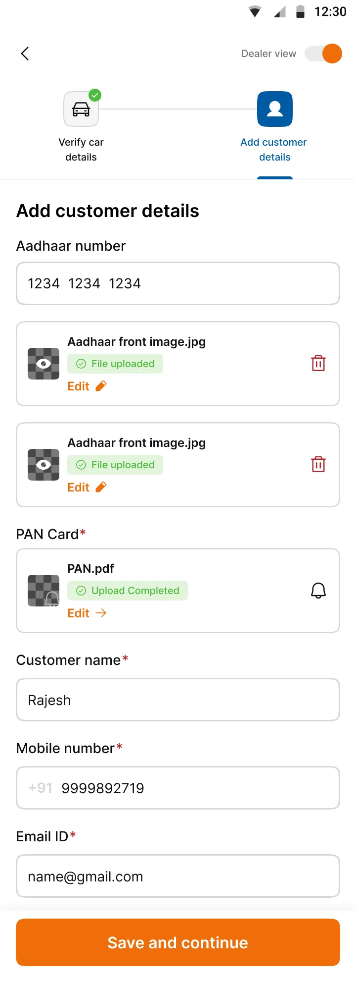 Customer details. Aadhaar, PAN, name and mobile number.