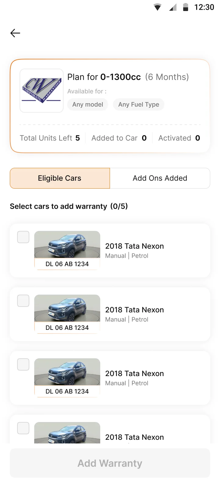 Select cars. No cars selected, 0 of 5 units used.