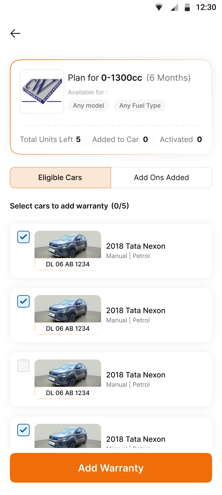 Cars selected. Three cars checked and Add Warranty enabled.