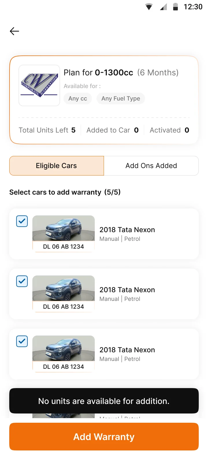 All units used. 5 of 5 selected, so no more cars can be added.
