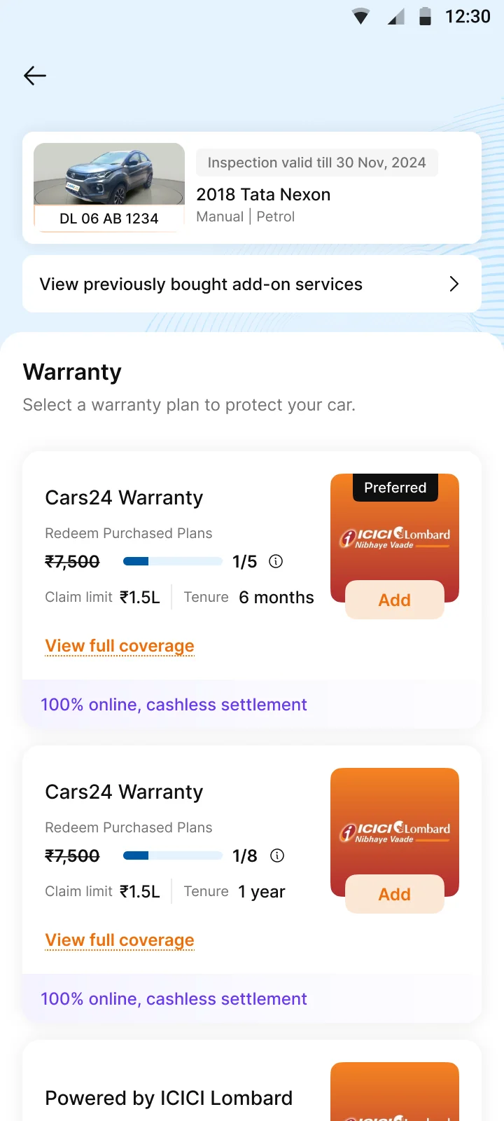 Car detail. Purchased plans offered first, with units remaining.