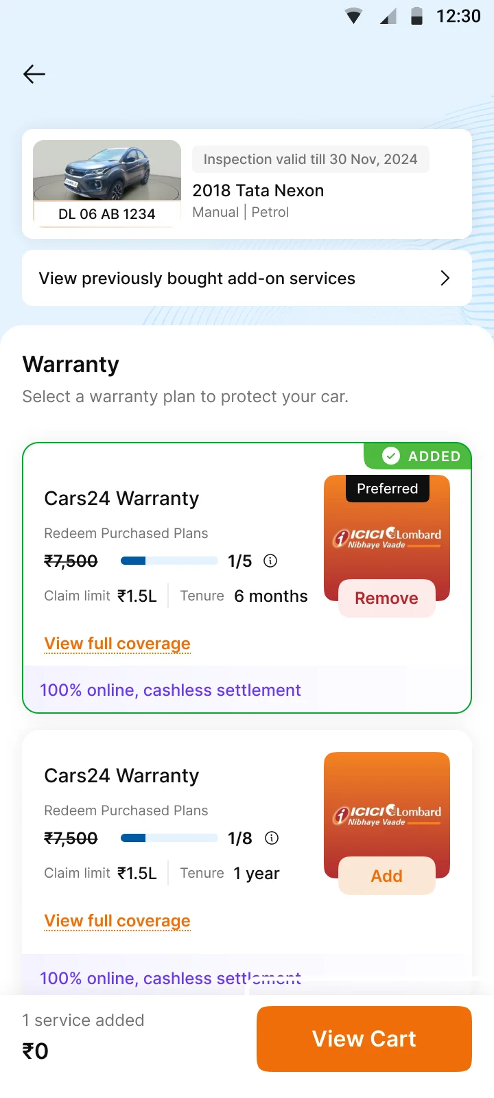 Plan added. The cart bar shows one service at ₹0.