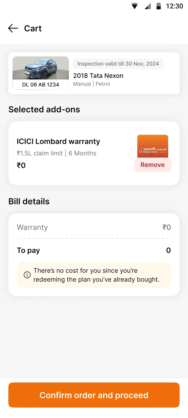 ₹0 cart. The bill explains there is no cost for a redeemed plan.