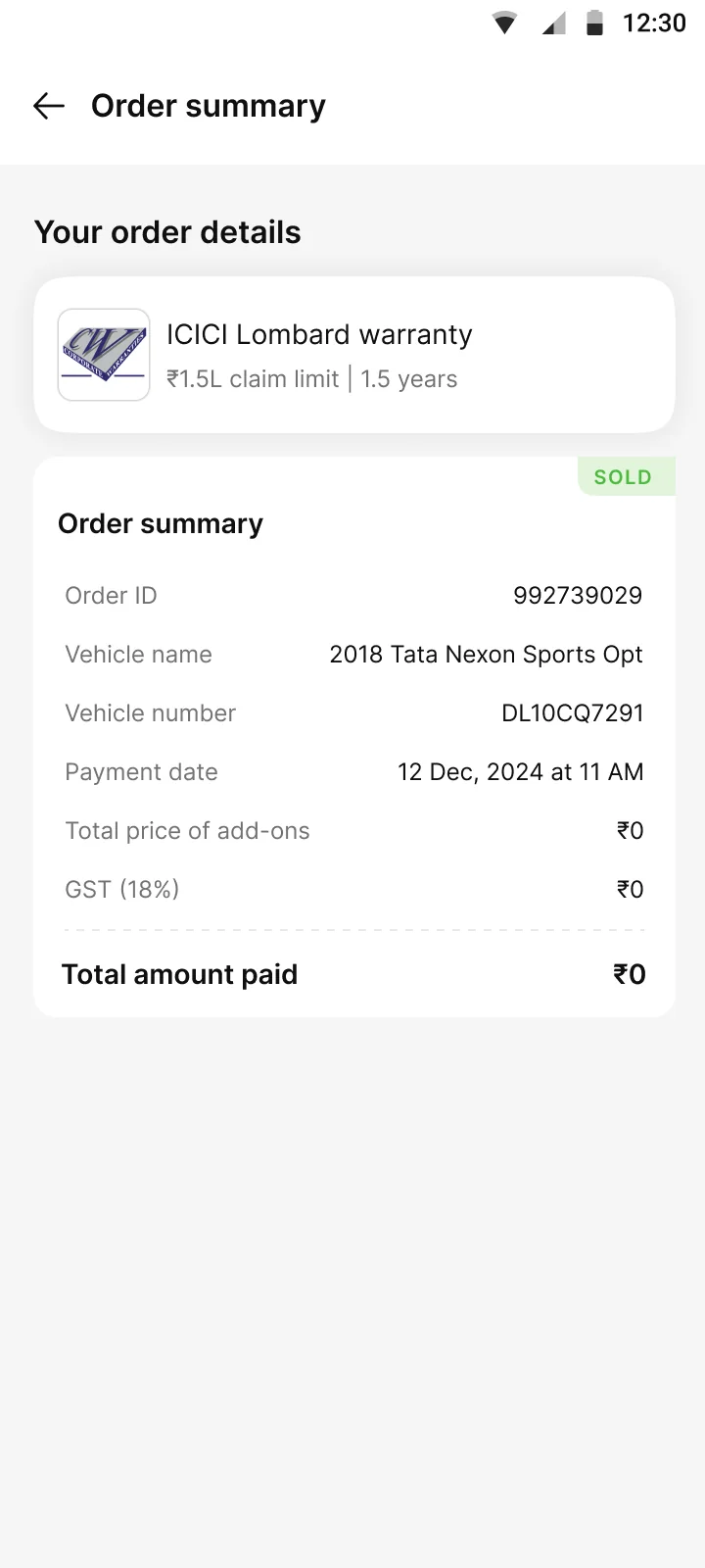 Order summary. A car-level summary with a ₹0 total.
