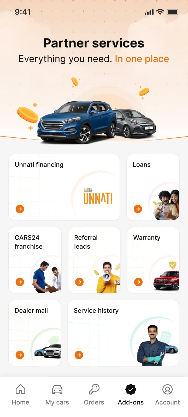 Add-ons home. Warranty sits beside the other partner services.