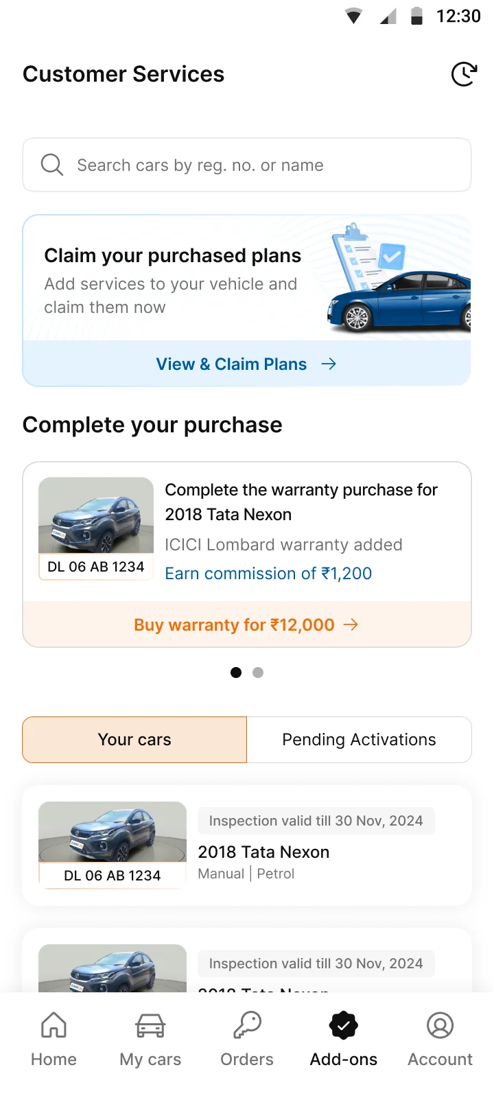 Your cars. Cars ready for an add-on, listed below the claim banner.