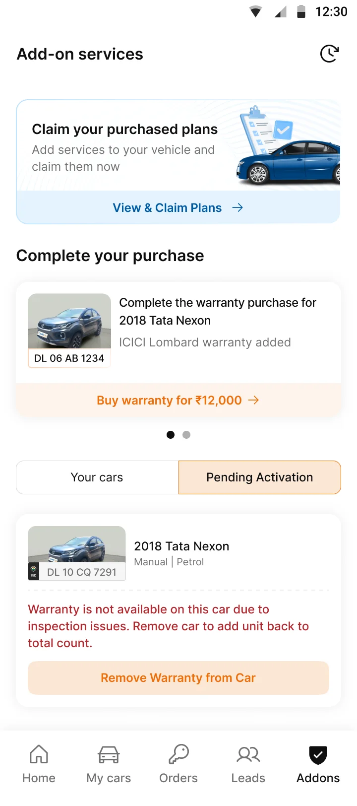 Blocked car in list. The inspection issue and a removal action appear on the card.