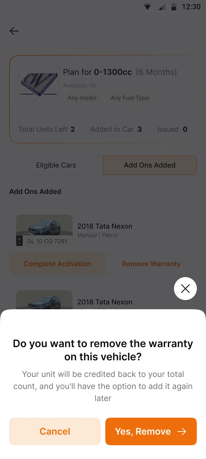 Remove confirmation. The unit returns to the total count.