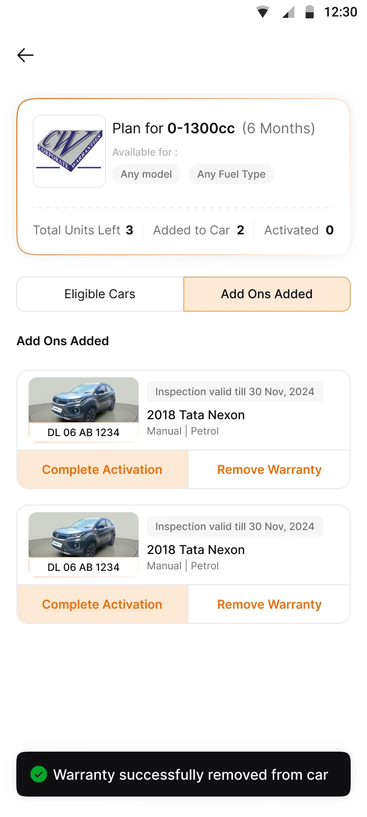Removed. A toast confirms the unit is back in stock.