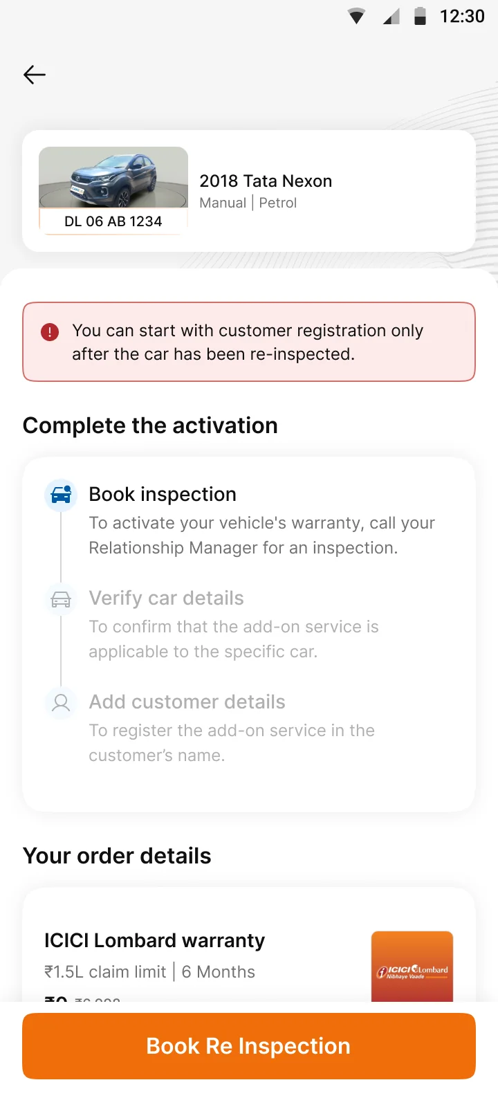 Re-inspection needed. Book Re Inspection replaces the first checklist step.