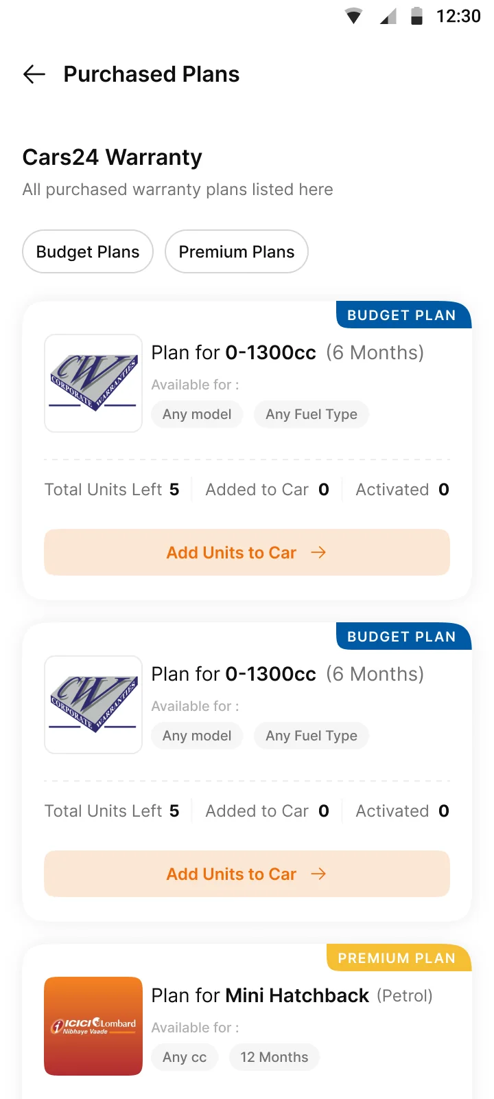 Plan inventory. Budget and premium filters with unit counts and Add units to car.