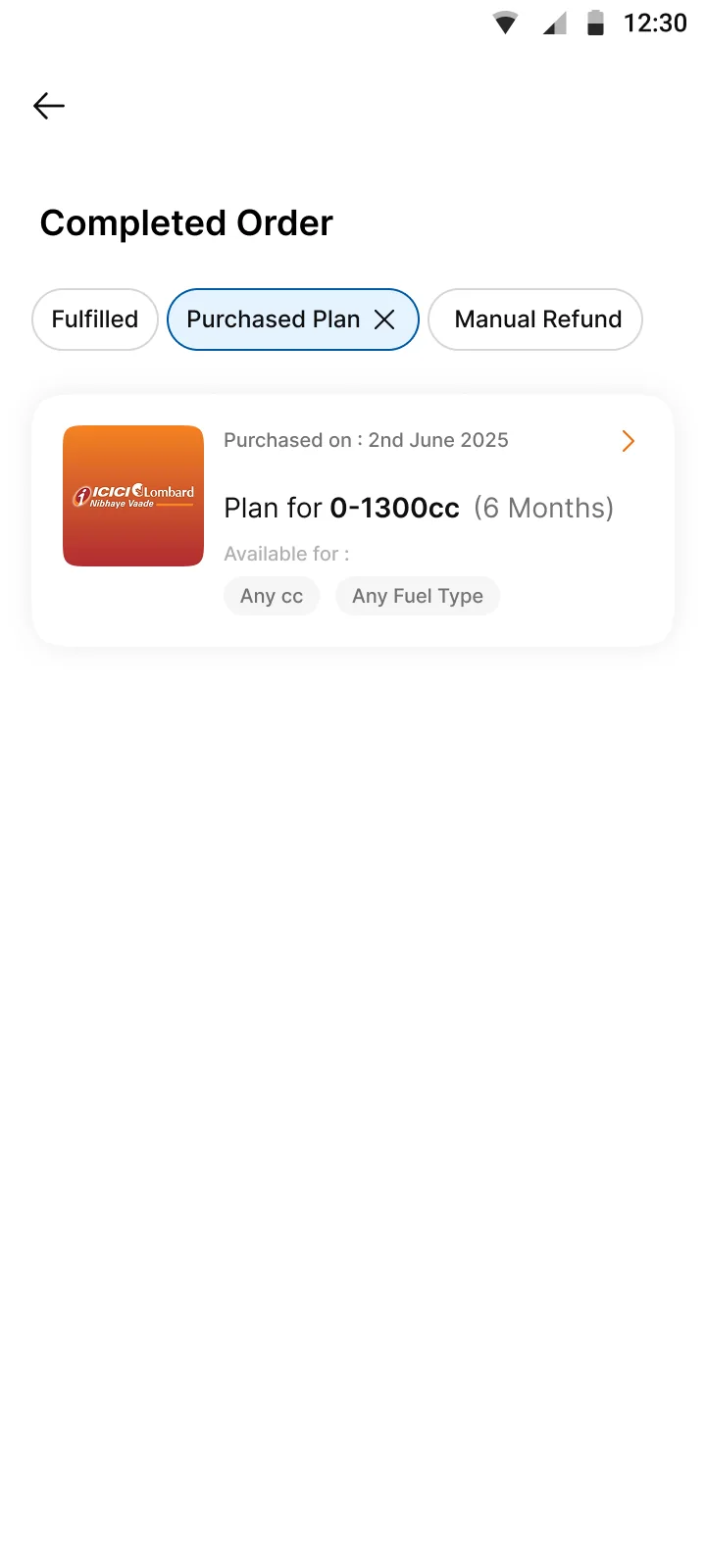 Completed orders. Past bulk orders filtered to purchased plans.