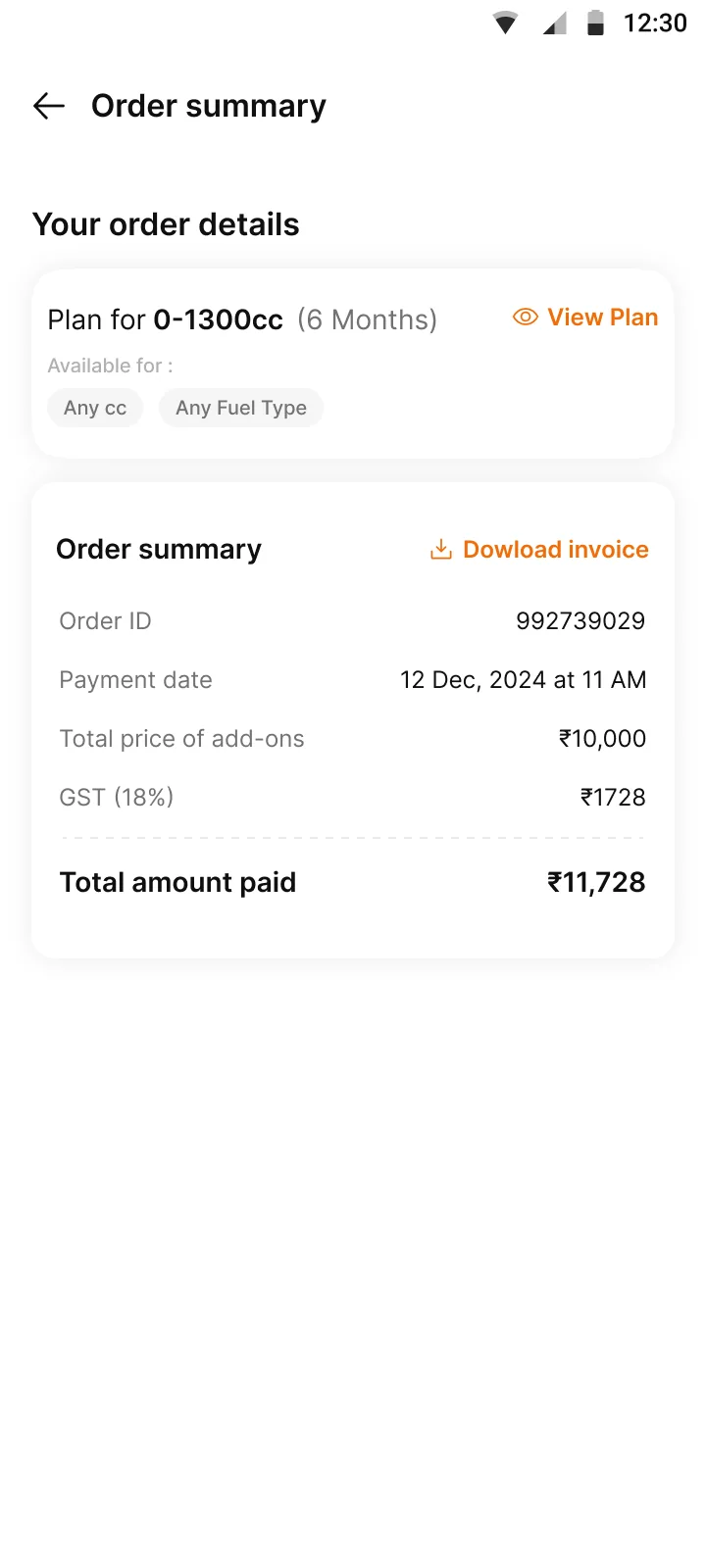 Order summary. Order ID, payment date, GST and the amount paid.
