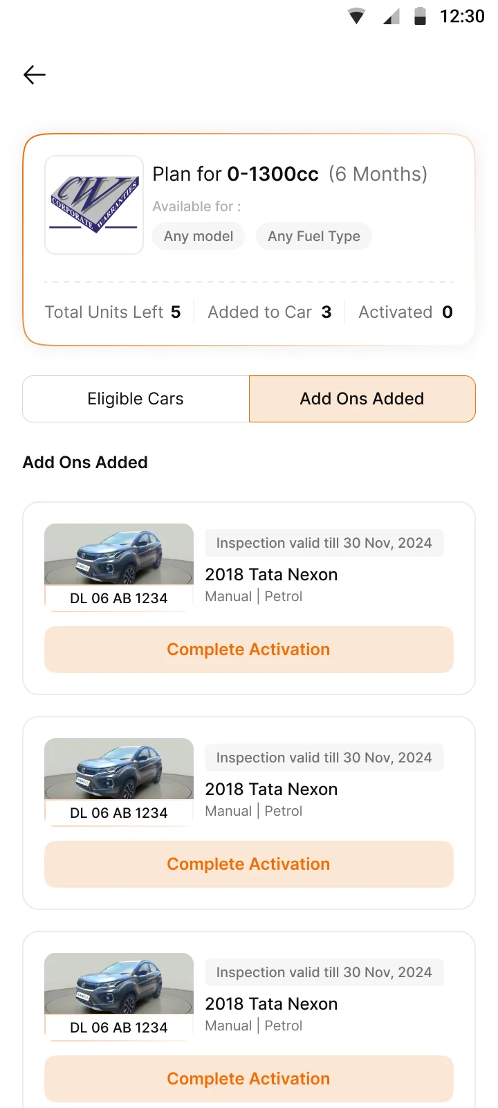 Awaiting activation. Three cars with Complete Activation actions.
