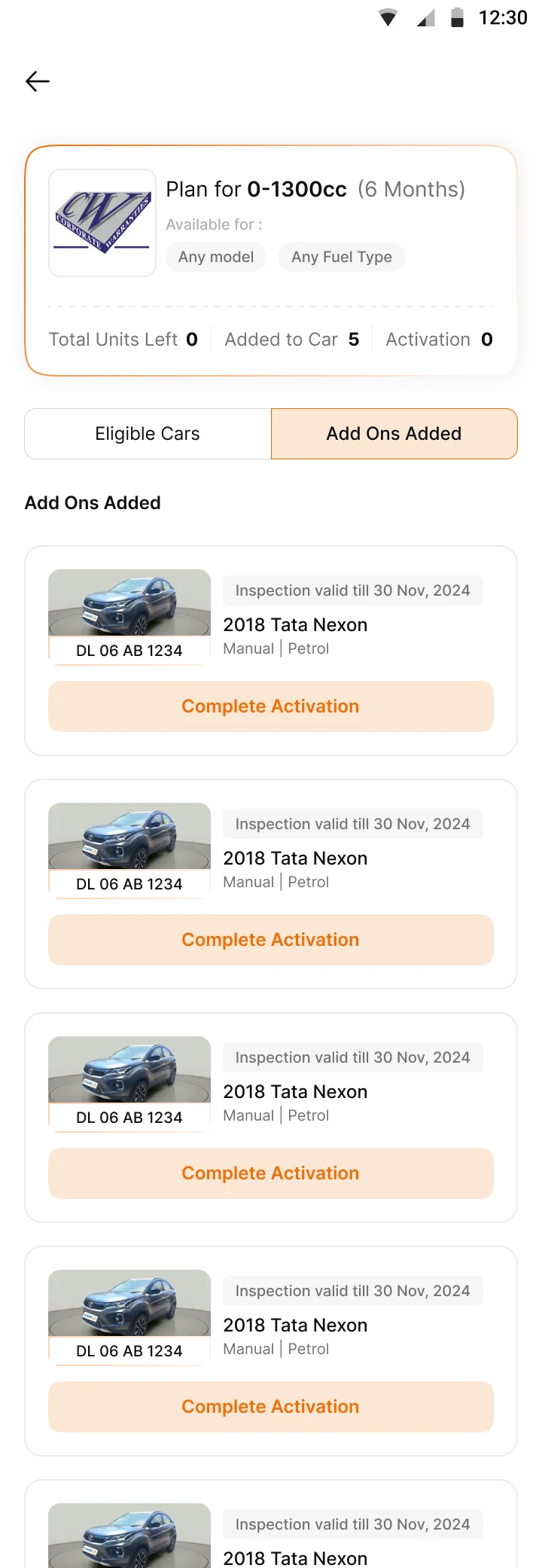 All units assigned. Five cars added and none activated yet.