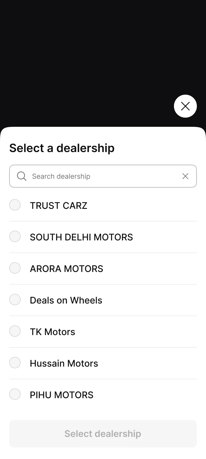 Dealership picker. Search or scroll the RM's dealerships before anything is selected.