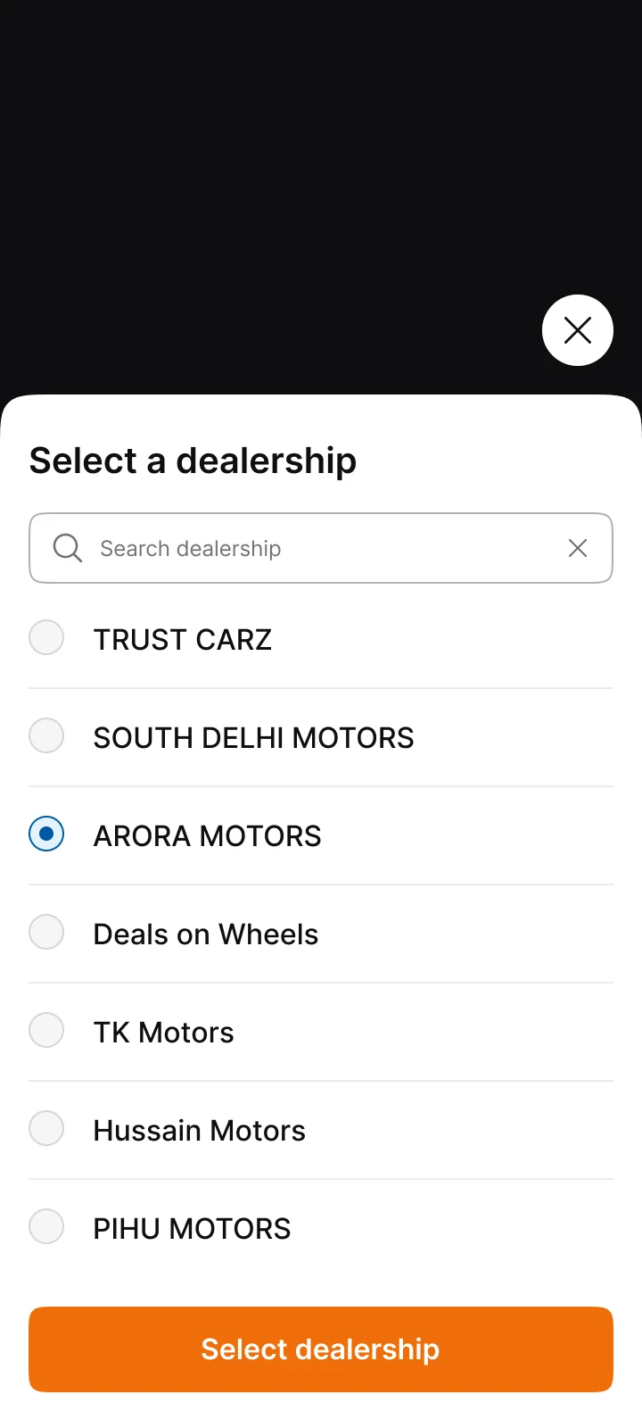 Dealership selected. The chosen dealership enables the next step.