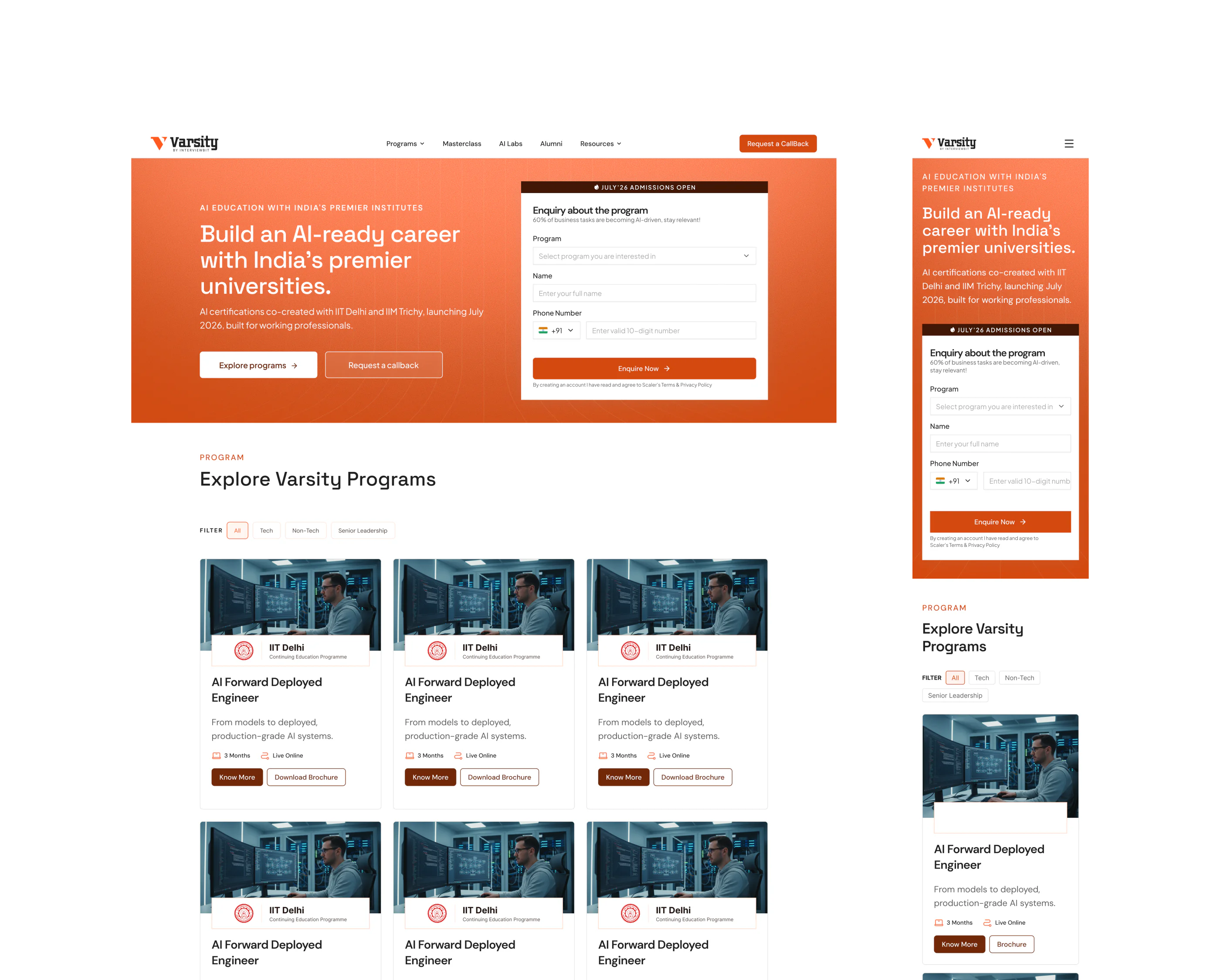 Varsity home page desktop and mobile Figma screens, part 1