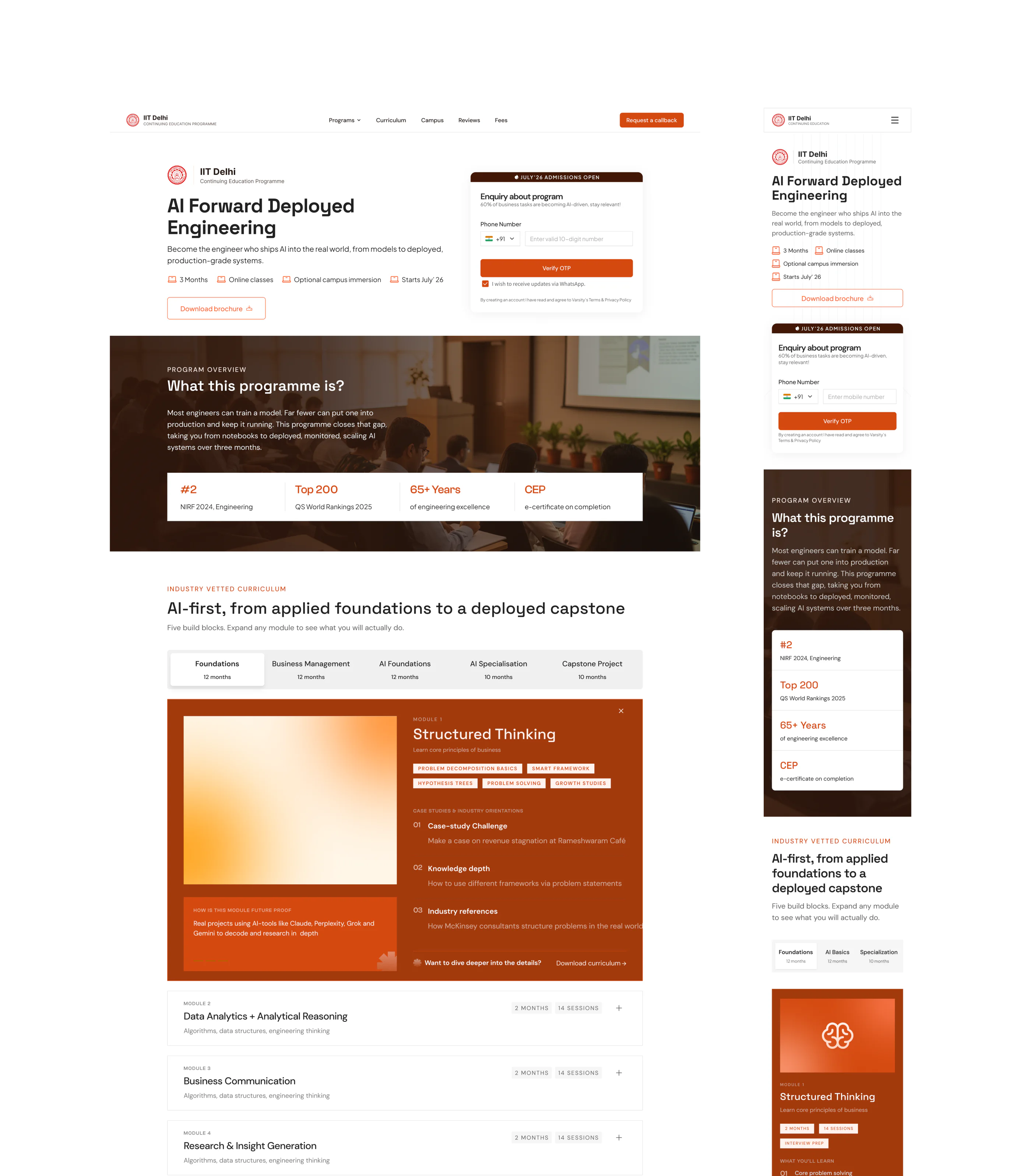 Varsity program page desktop and mobile Figma screens, part 1