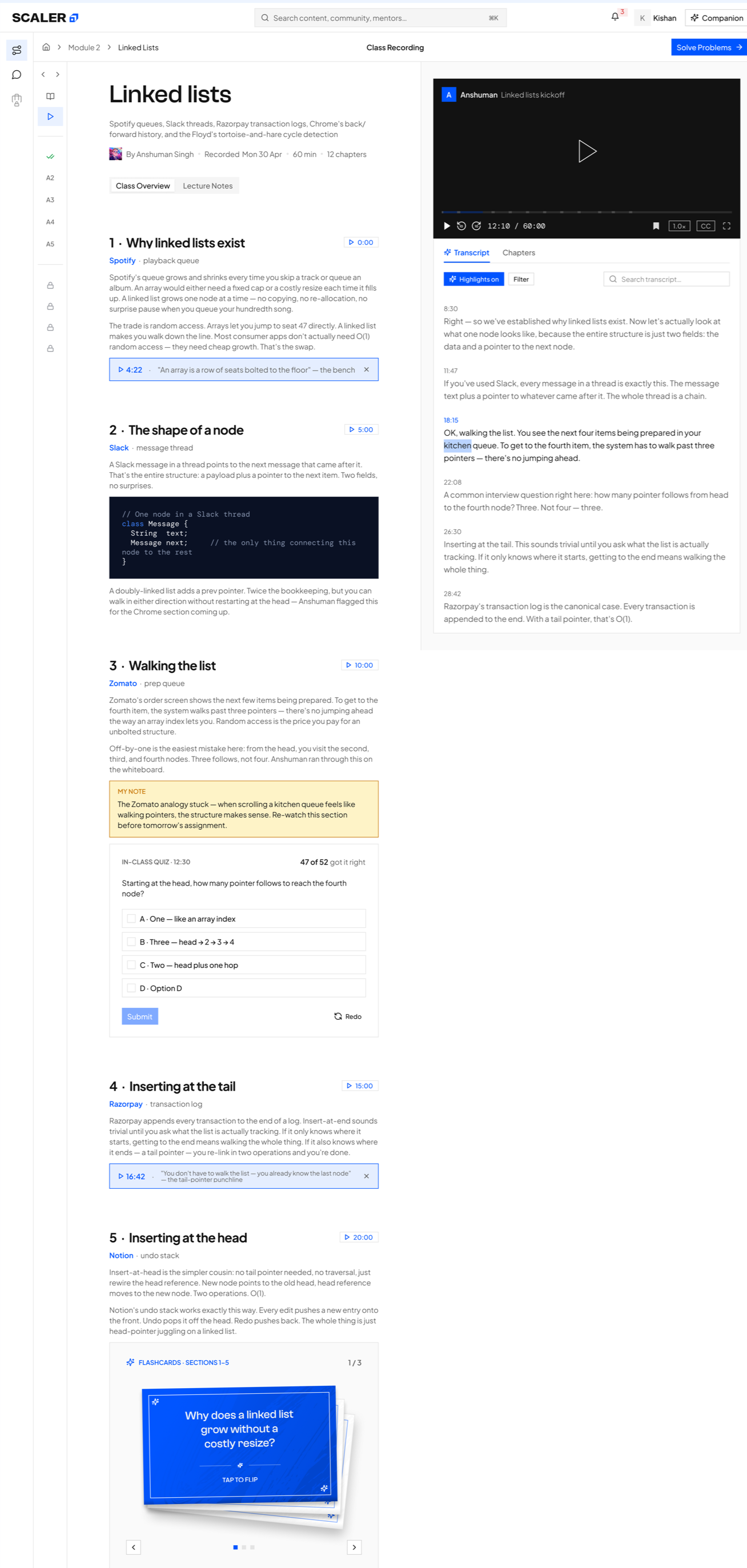 Class recording with chapters, an annotated transcript, a quiz and flashcards