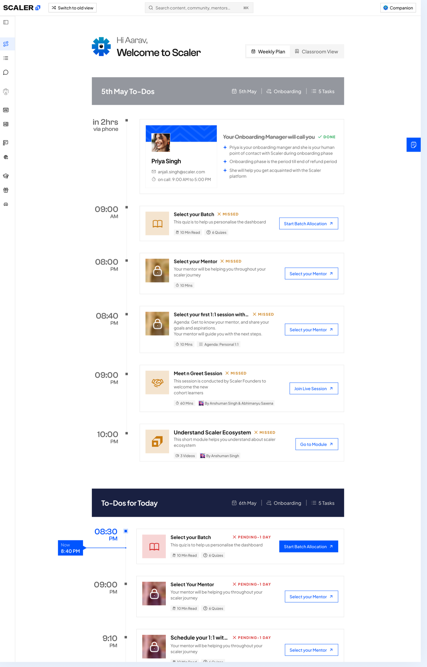 Path-maker Weekly Plan scrolled, showing task cards that carry their own context