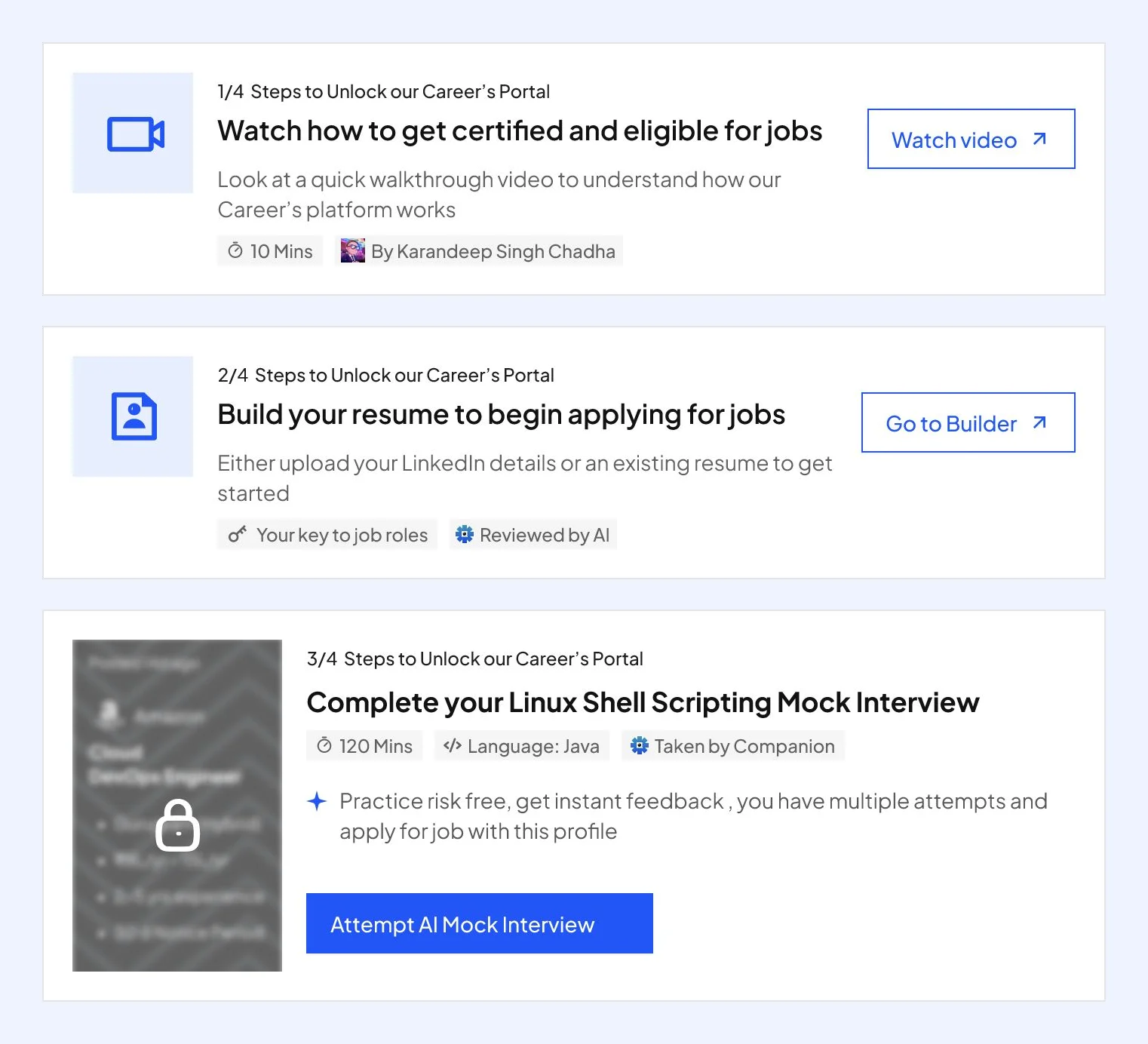 Three cards, 1 of 4 to 3 of 4 steps to unlock the Careers portal: watch the certification video, build a resume, and a locked Linux Shell Scripting mock interview