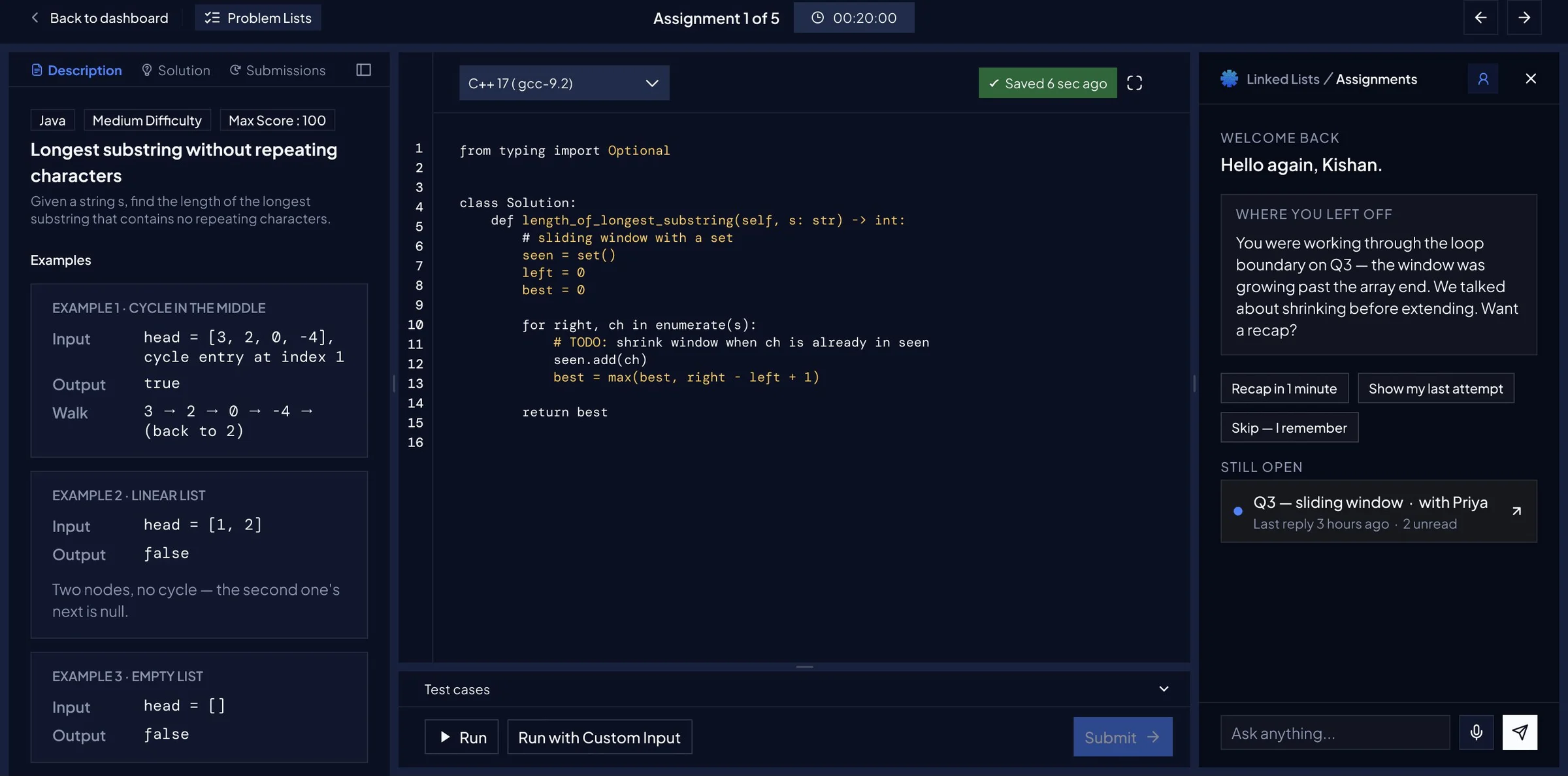 Companion welcoming the learner back with where they left off, a one-minute recap and an open thread