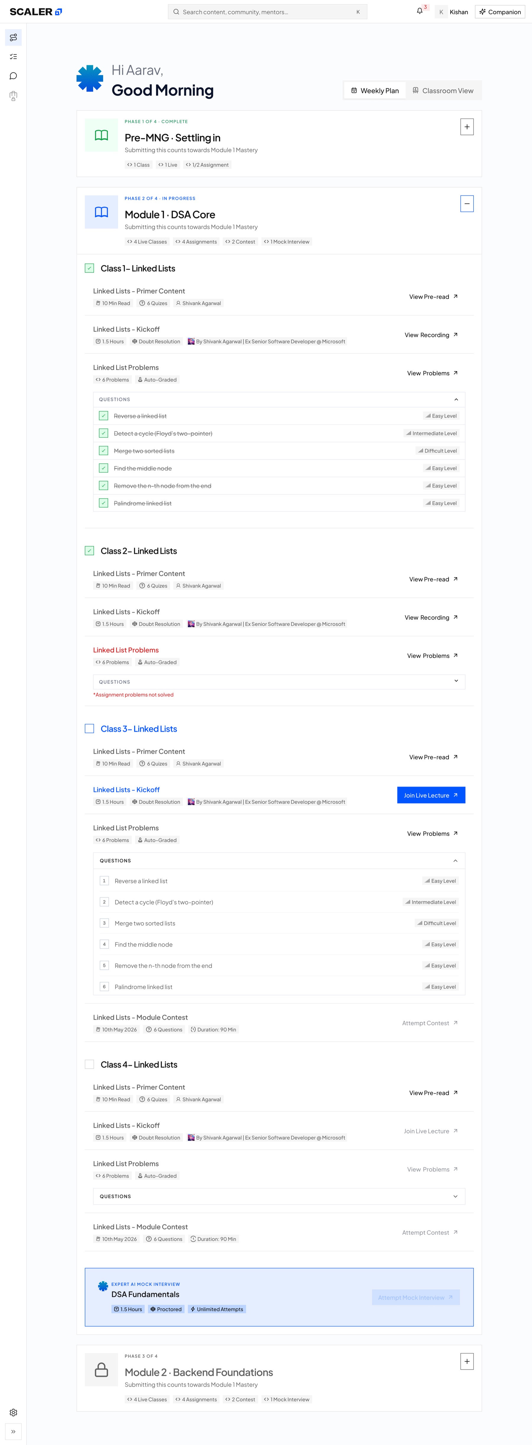 Dropped direction: the class list as a completion checklist with progress rolling up