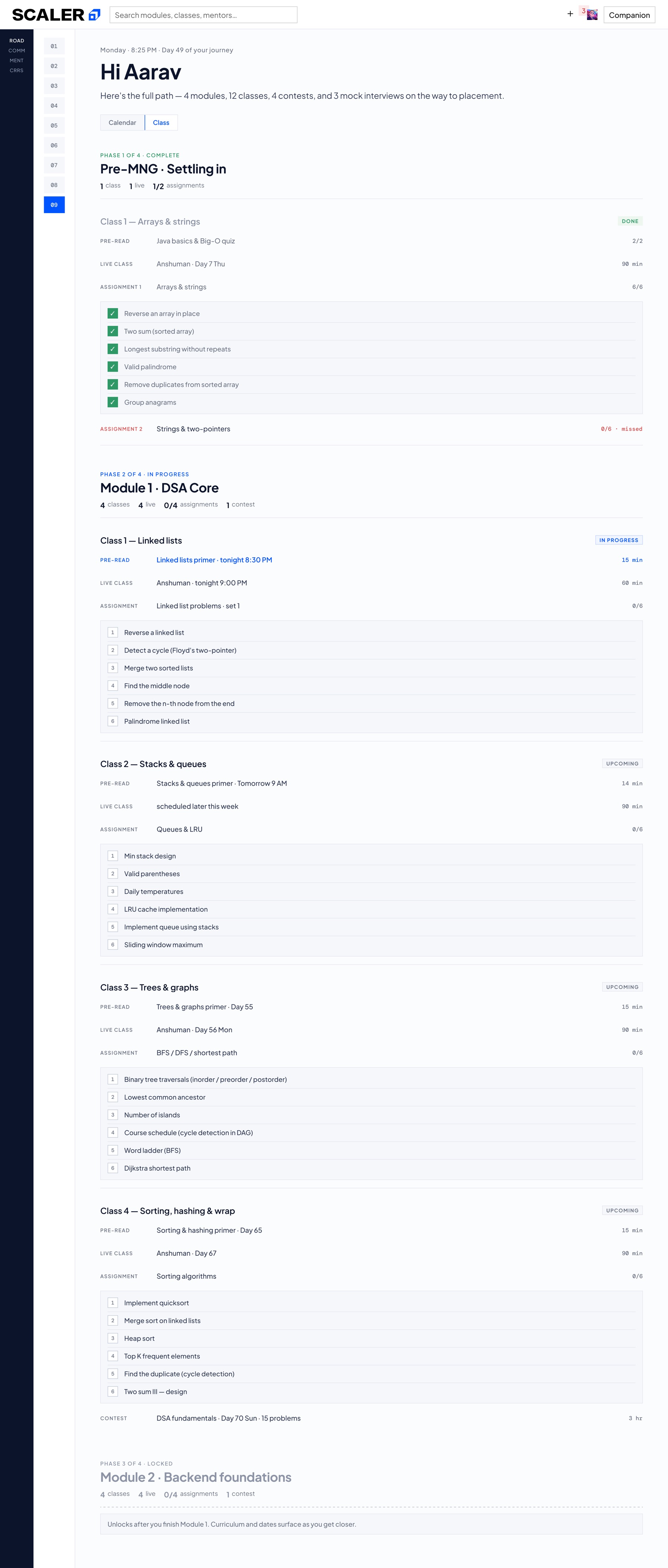 Dropped direction: the entire program in one list, every module expanded into its classes