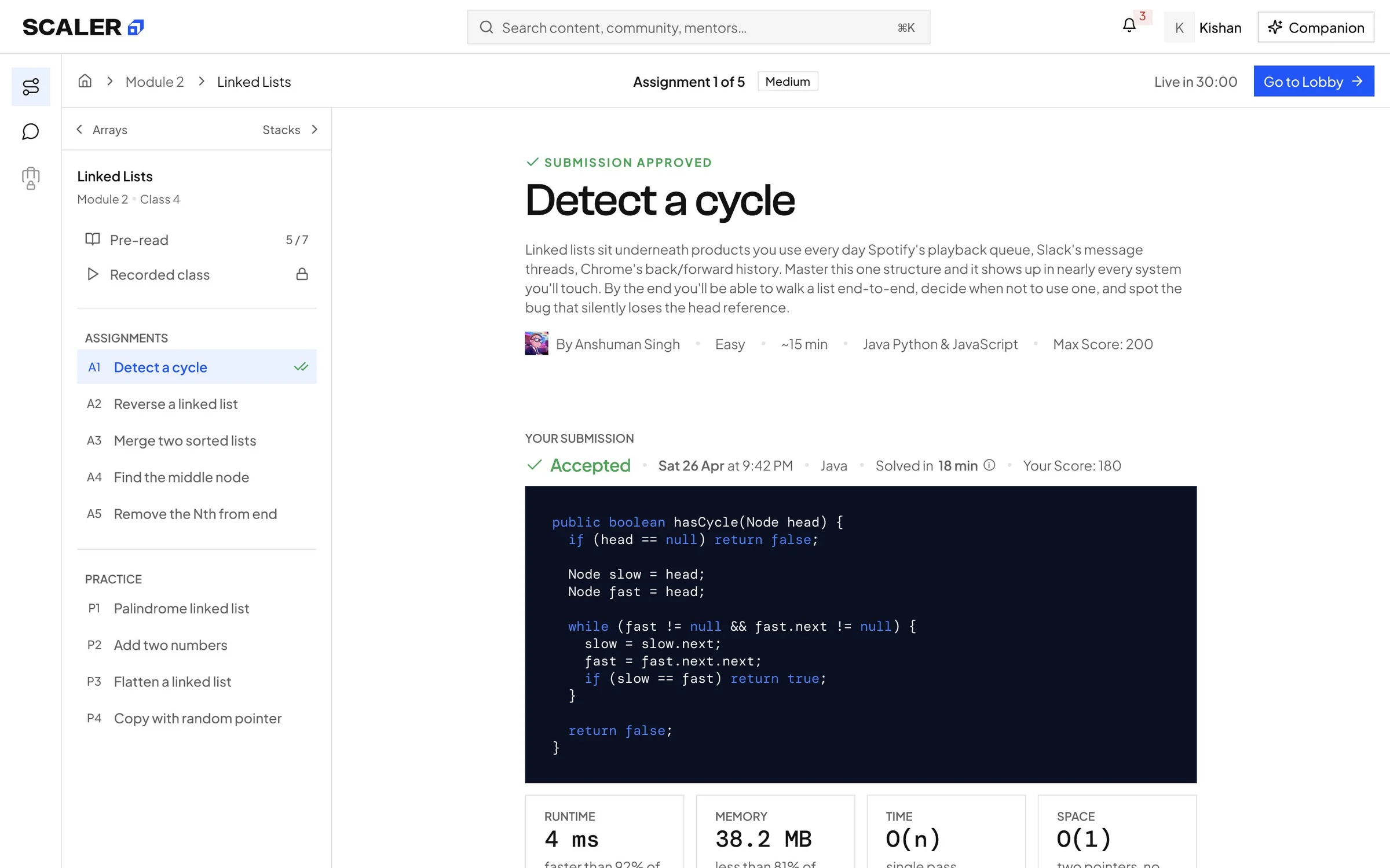 Detect a cycle, submission approved, with the accepted code and its runtime and complexity
