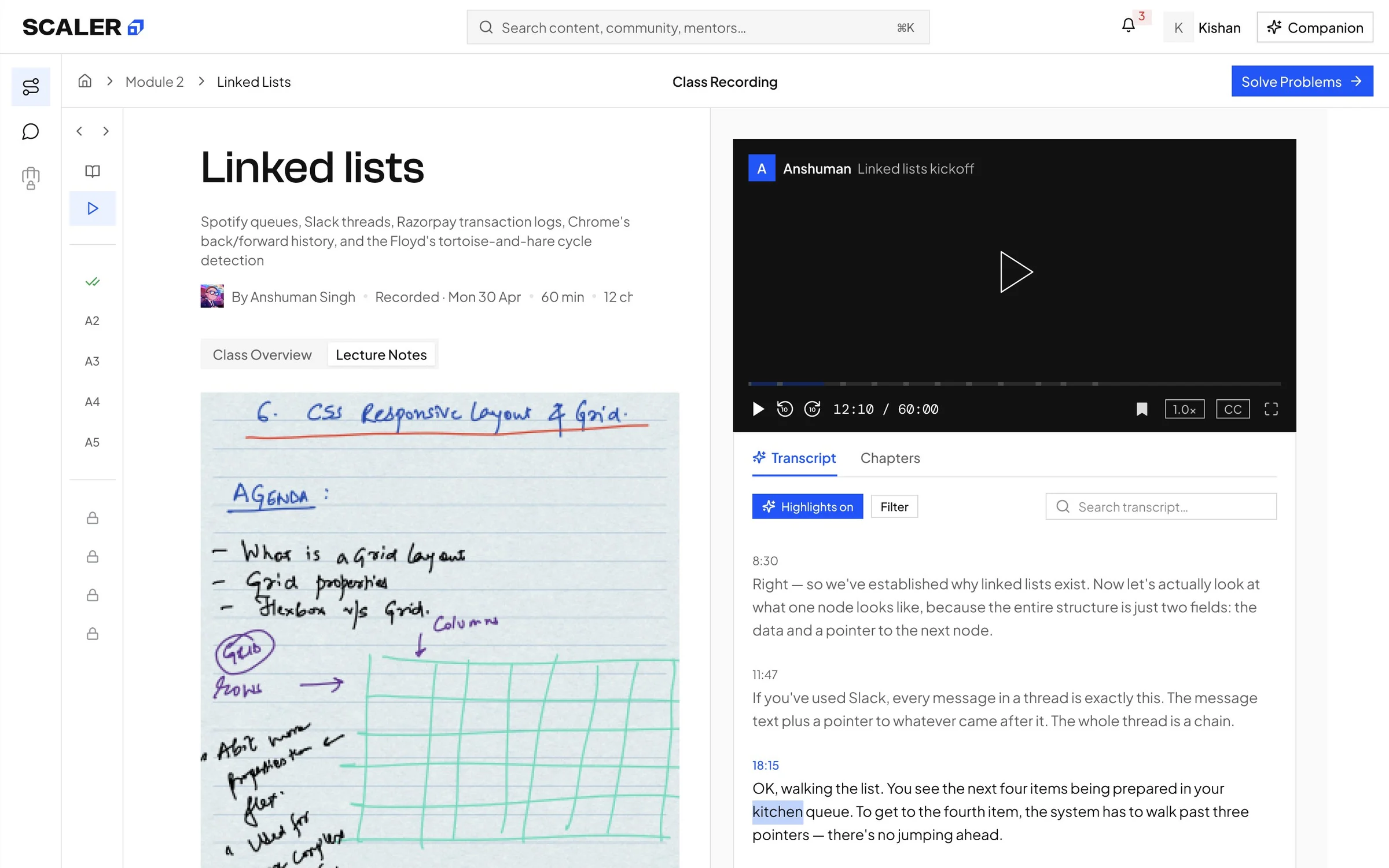 Class recording with the instructor lecture notes open beside the video