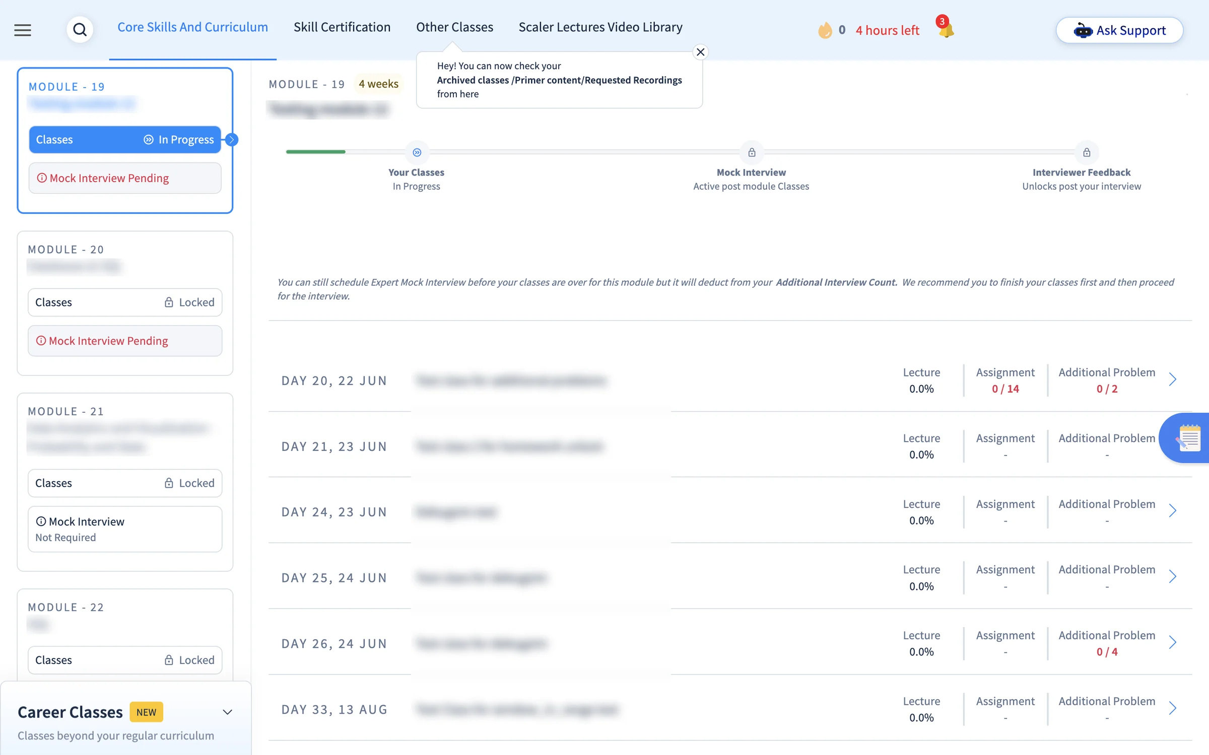 Before: the old curriculum page, with module cards in a narrow left rail, a three-step progress tracker, and class rows reporting Lecture 0.0 percent