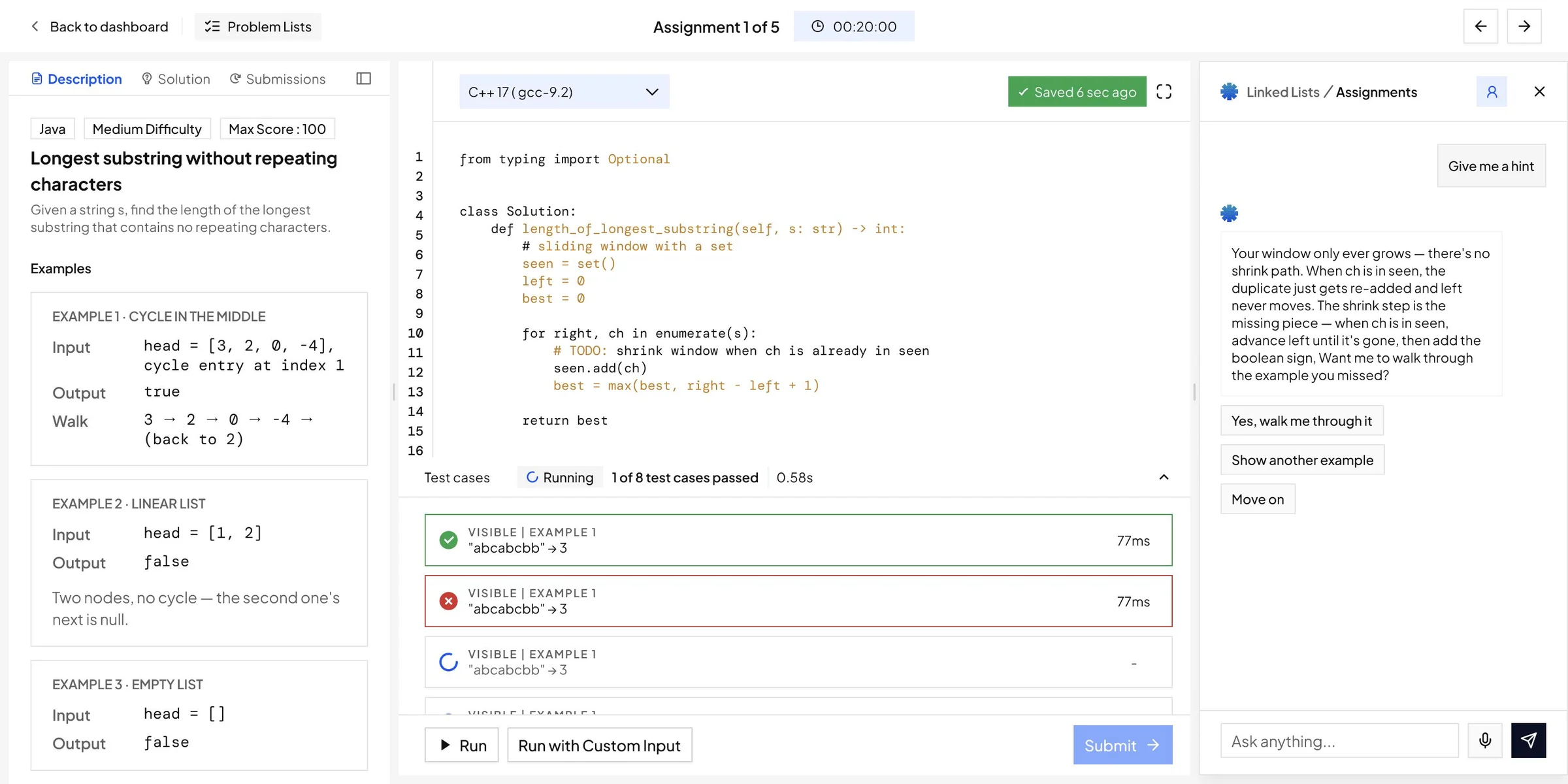 Problem Solving final design: the statement, the code editor, test results and a Companion hint in one view
