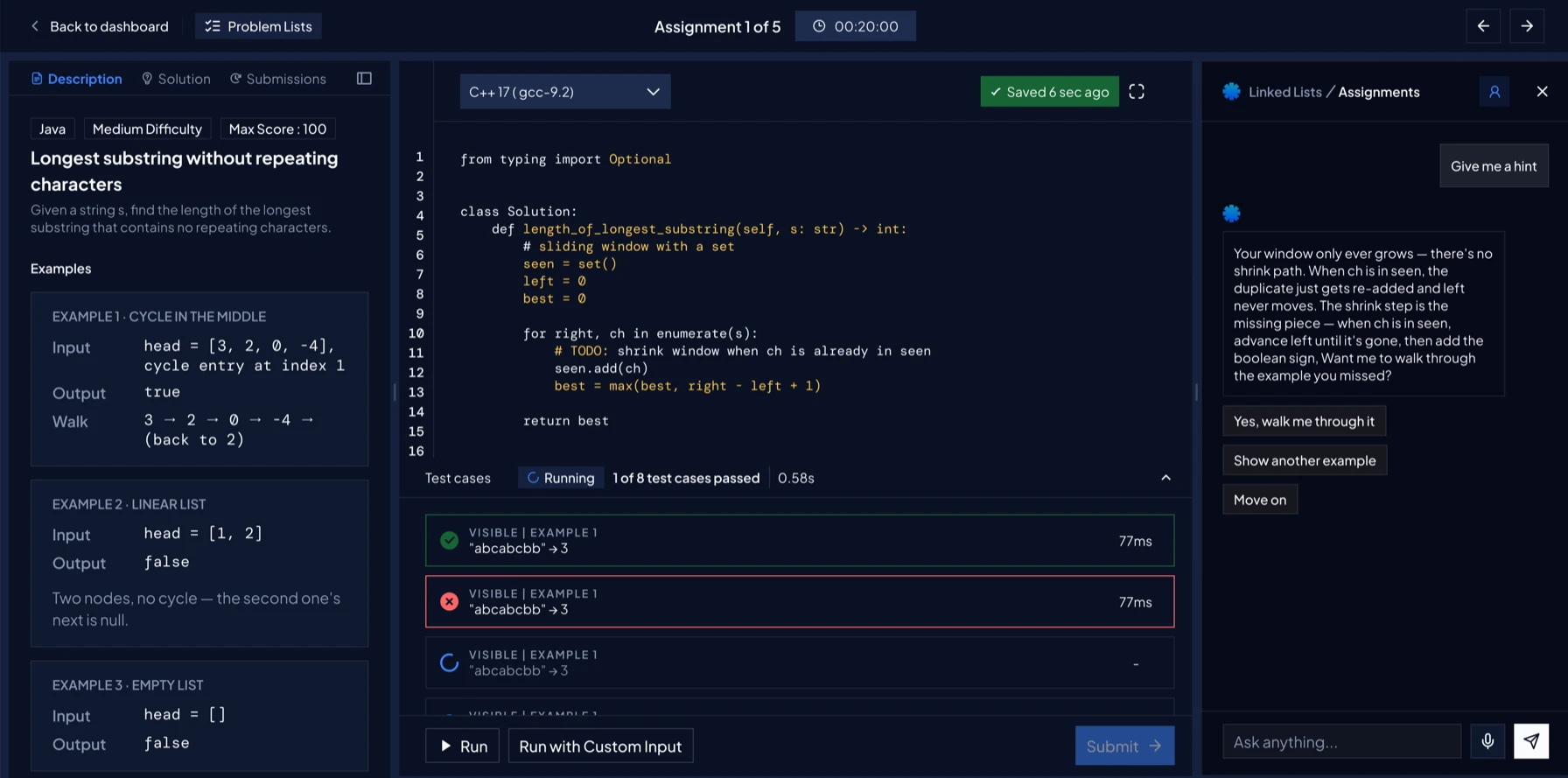 Dark theme: the workspace mid-attempt, with code, test results and Companion