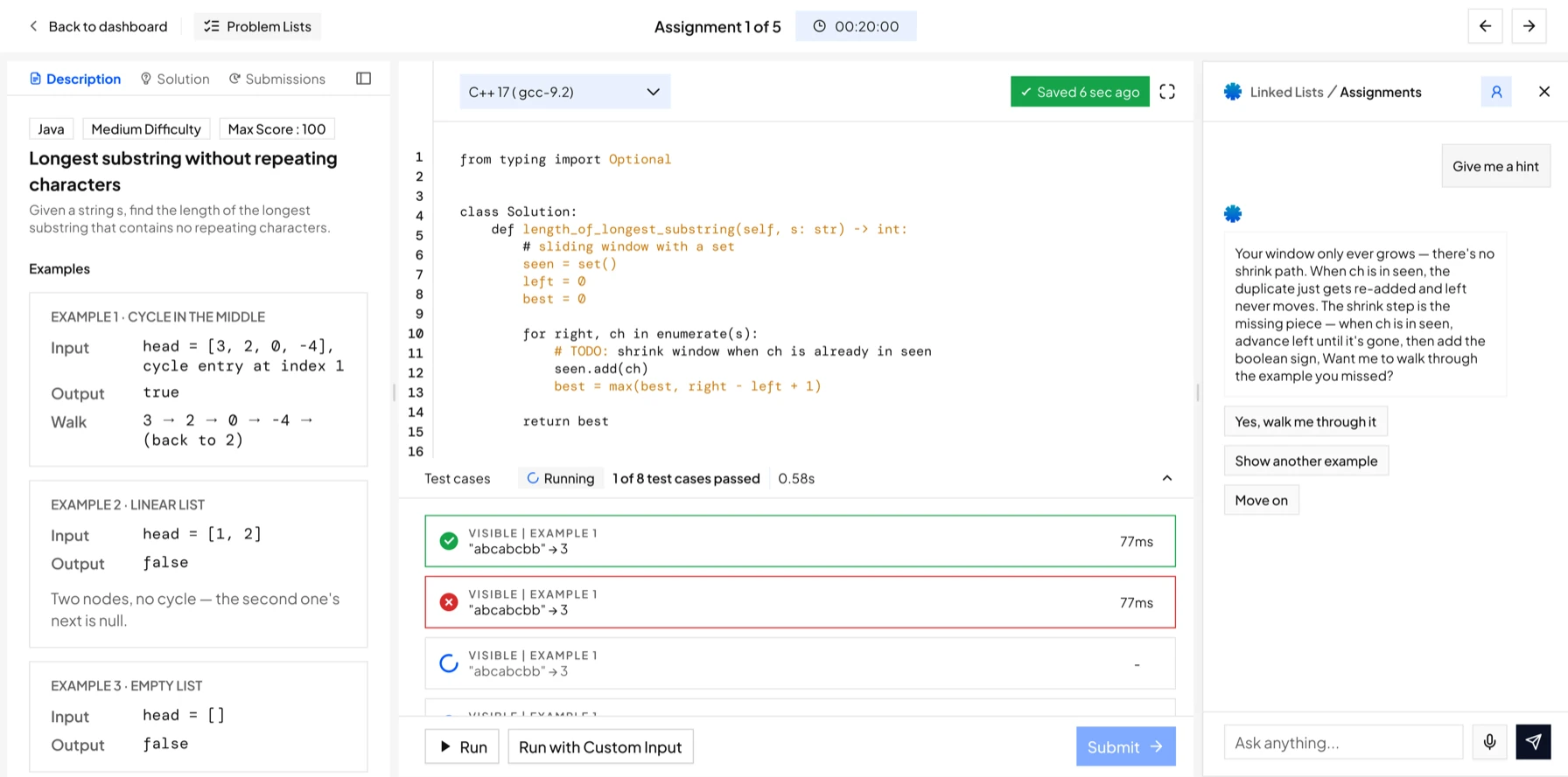 Light theme: the workspace mid-attempt, with code, test results and Companion