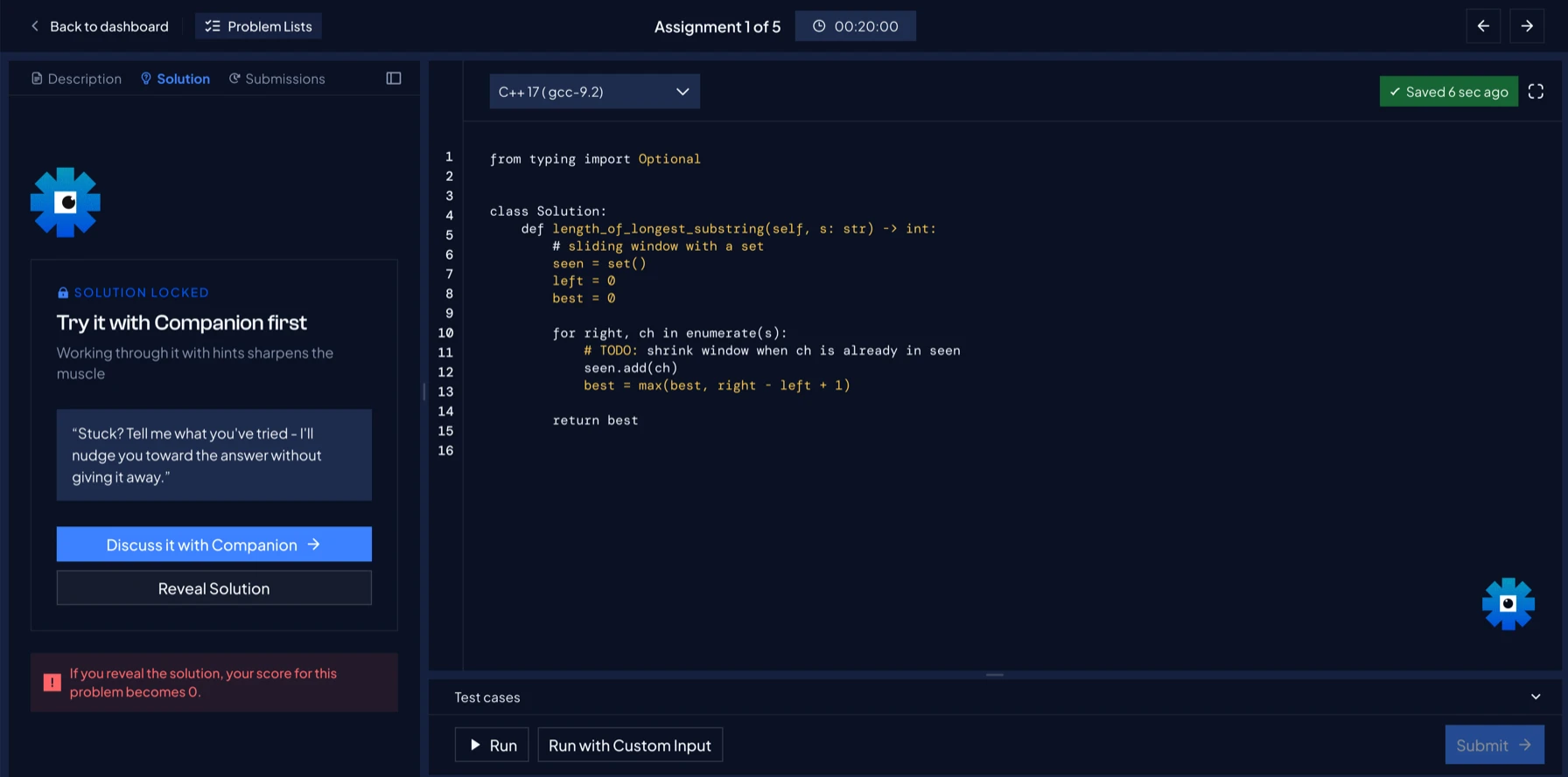 Dark theme: the locked solution, with Discuss with Companion and a Reveal Solution option that costs 100 points