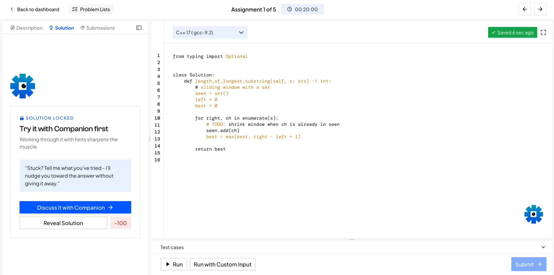 Light theme: the locked solution, with Discuss with Companion and a Reveal Solution option that costs 100 points
