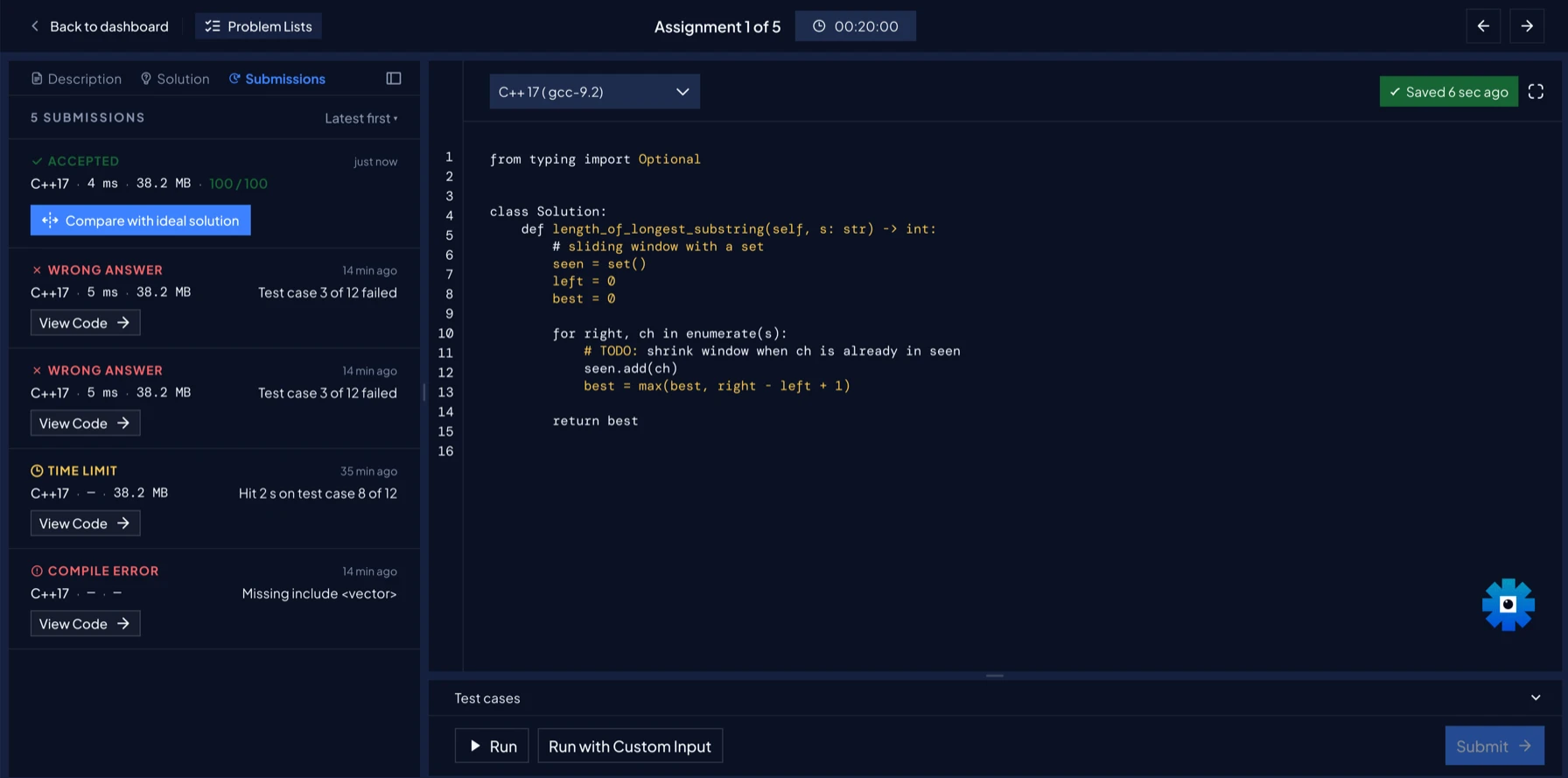 Dark theme: five submissions, each with its status, runtime, memory and a View Code link