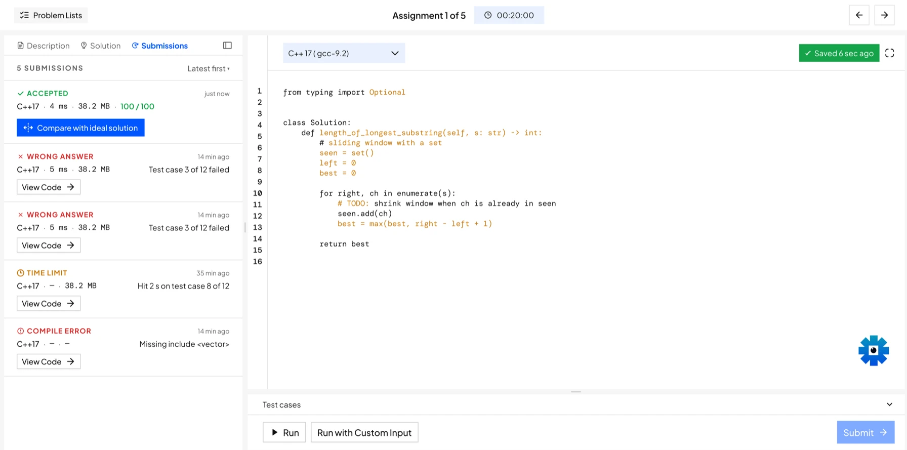 Light theme: five submissions, each with its status, runtime, memory and a View Code link