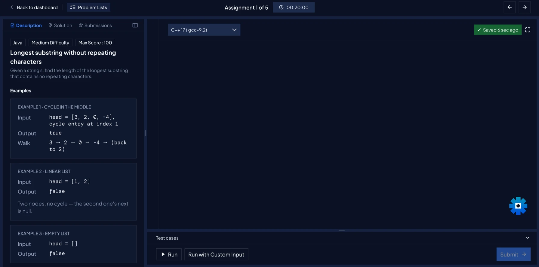 Dark theme: the empty workspace, with the statement on the left and the editor on the right