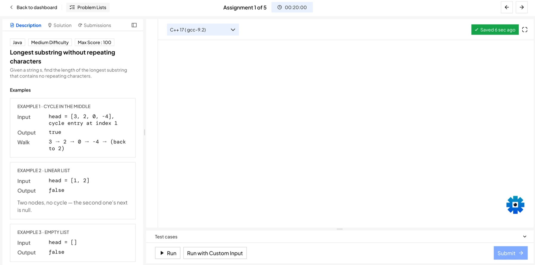 Light theme: the empty workspace, with the statement on the left and the editor on the right