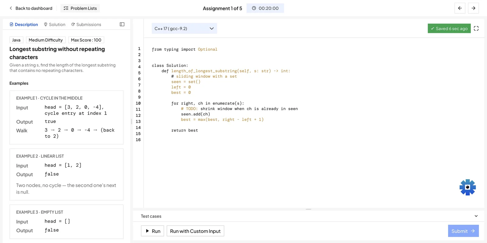 Code problem: the statement on the left and a C++ editor with autosave on the right